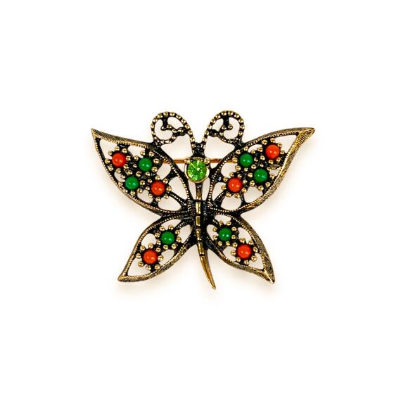 Vintage Sarah Coventry Brooch Butterfly Wings Of Fashion Pin Gold Tone Beaded - Picture 4 of 6